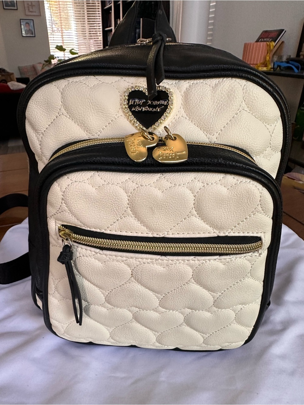 Betsey Johnson Cream & Black Heart-Quilt Mini Backpack